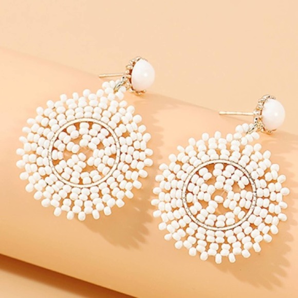 Cream & Gold Beaded Round Drop Earrings - Picture 2 of 7